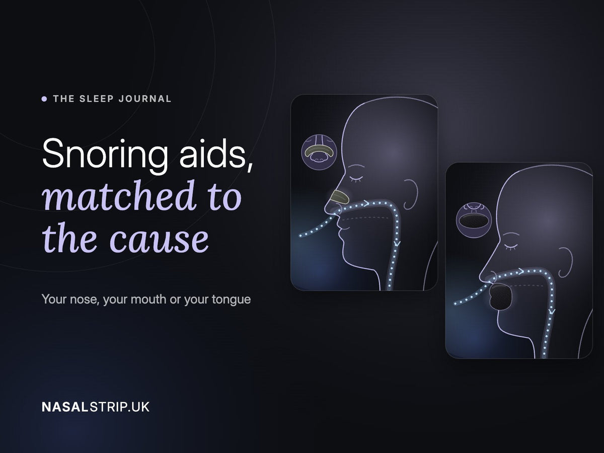 Illustrations of a nasal strip and mouth tape, for the guide to snoring aids